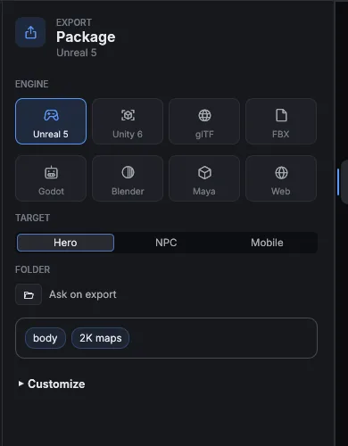 Enfigure's export panel: engine, target and package