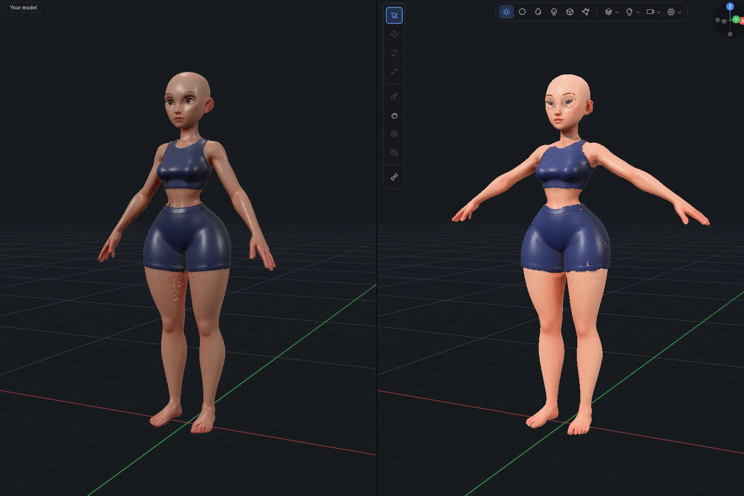 Your model next to the finished, baked character